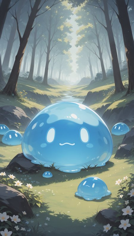 score_9, score_8_up, score_7_up, score_6_up, score_5_up, score_4_up, source_anime, best quality, very aesthetic, official art, cg, anime,
grass, hill, flower, forest, rock, (slime \(creature\), blue slime, no humans)