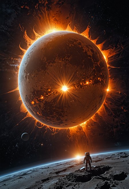 The Moon, centered, casts a dark umbra on Earth, depicting the path of totality. The Sun, in radiant oranges and yellows, forms a stunning corona effect around the Moon, all aligned casting a fading black hole sun halo in the space, orbit space vfx, exosphere, cosmic, astral, quantic, cold and warm,energy-filled epic science fiction film concept digital art by maciej kuciara and vincent di fate,1998 NASA photo, hasselblad electric camera 70mm film, skylab flashlight photography, in the style of Interstellar by Christopher Nolan  <lora:EpicF4nta5yXL:0.8>