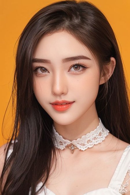 1girl,orange background, (extreamly detailed pupil, extreamly detailed eyes,(proportional eyes, same size eyes),perfect eyes looking, bright eyes,(detailed eyes), long eyelash, downing eyes), (looking at viewer),((proportion body)), (extreamly detailed face, extreamly detailed eyes, extreamly detailed nose, extreamly detailed lips), (red lips, {parted lips|smirk|smile, happy smile}), ((shiny skin)), ((jawline, strong jawline), ((dimple)), collar choker, Messy long hair