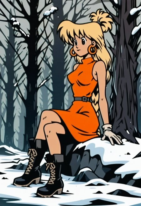 score_9, score_8_up, score_7_up, score_6 
woman, tiffany, kangoo,detailed eyes, detailed face, (retro artstyle, 1990s \(style\), flat color, toon \(style\)),1girl, female, dress, solo, female,black eyes, breasts, outdoors, red dress, snow, tree, signature, medium breasts, sleeveless dress, boots, black footwear, sleeveless, orange dress, closed mouth, bare shoulders, full body, body, alternate hair length, long hair, alternate hairstyle, arm support, gloves, sitting,blonde hair