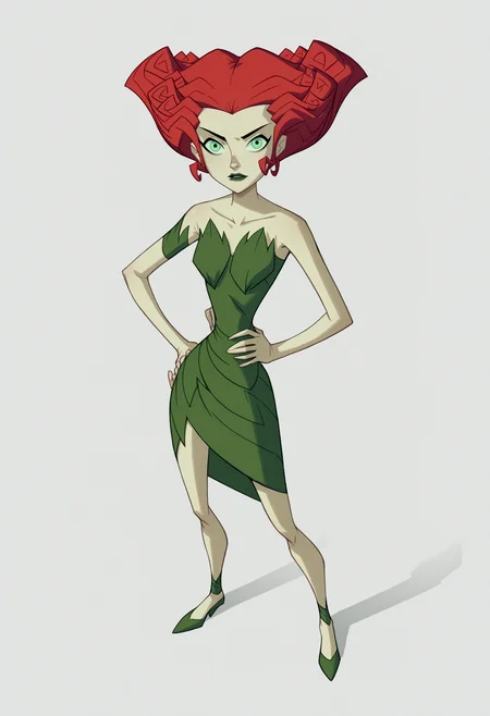 score_9, score_8_up, score_7_up, BREAK,
1girl, poisonivy, red hair, green eyes, lipstick,
strapless dress, pale green skin, bare shoulders,
full body, standing, hands on hips, solo, looking at viewer, simple background, white background  <lora:PoisonIvyPDXL_byKonan:1>