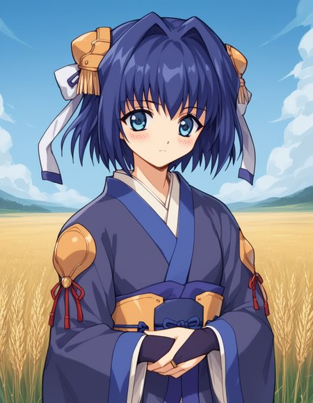 score_9, score_8_up, score_7_up, source_anime, <lora:daiakuji-yume-ova-ponyxl-lora-nochekaiser:1>, yume, short hair, blue eyes, hair ornament, blue hair, hair intakes, ribbon, hair ribbon,, long sleeves, japanese clothes, bridal gauntlets,, wheat field, golden, harvest, farming, open, , hand on stomach, blush,, looking at viewer, solo,, dutch angle, cowboy shot
