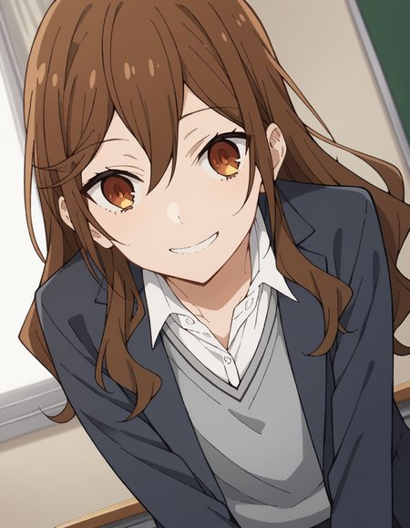 score_9, score_8_up, score_7_up, source_anime,
kyoukohori,  <lora:kyouko-hori-s2-ponyxl-lora-nochekaiser:1>,
kyouko hori, long hair, bangs, brown hair, hair between eyes, brown eyes,
shirt, school uniform, jacket, collared shirt, blazer, sweater, grey sweater, white shirt, black blazer, skirt, black skirt,
indoors, classroom, smile, bent over,
cowboy shot, looking at viewer, solo, dutch angle,