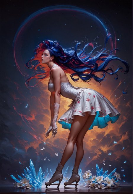 score_9, score_8_up, score_7_up,  rating_safe, solo, side view, full body, (ice skating:1.2), dynamic pose, realistic, concept art, galaxy, 1girl, stars, milky way, love, heart, red hair, stunning white dress, white lace gloves, white flowers, white tulips, floral decoration, legs  <lora:pony/twilight_style:0.8> <lora:pony/expressiveh:0.8> expressiveh <lora:pony/vixon_galaxy:0.65> g4l4xy <lora:sdxl/sinfully_stylish_sdxl>