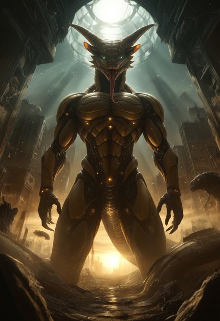 DonMX3n0T3chXL, anthropomorphic_snakes_(naga), futuristic robot snake, fully metal snake, mecha snake, giant mech robot snake, standing tall, Naruto_Manda, snake, slit pupils, green eyes, purple body, body markings, black eye markings, 2 pair of horns, black belly scales, blue tongue, forked tongue, low angle, dramatic lighting, volumetric lighting, ruined city background, detailed background, ruined sky scrapers in background, destroyed city background,