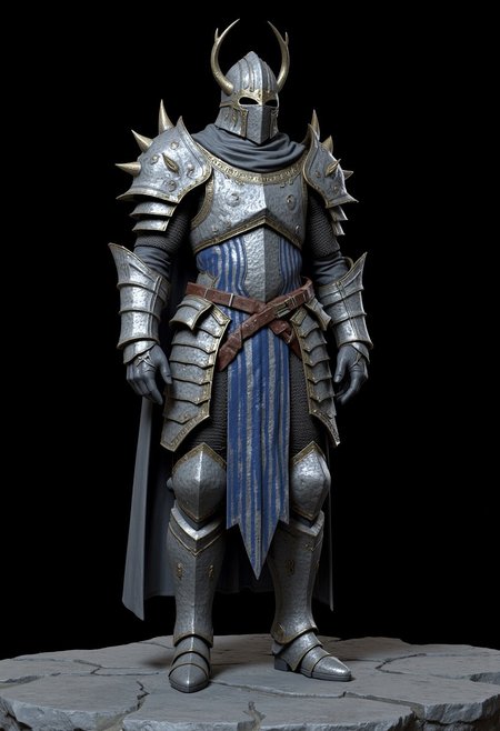 A warrior wearing buckly and sharp angled distinctive brutalist forms armor crafted from mithril - The armor showcases the characteristic iridescent patterns and vibrant colors of mithril , with deep blue and earthy gray creating natural striped patterns across the chest piece and leg guards.  Heavy rocky pauldrons and a norman helmet with thick neck guard provide additional protection, while the overall silhouette remains sharp angled and imposing. The armor is complemented by mithril  pants and brutalist imposing heavy boots at the base. The mineral patterns of the mithril  create an armor set that looks ancient with the metallic sheen of the mithril catching the light against the  black backdrop.
Standing on a flat gray ground  and black background, the camera angle is high rotated at a 45 degree angle
Set against a solid dark black color background to emphasize its unnatural form that emphasizes its silhouette. The medium is not a traditional painting or illustrative medium like watercolor or ink but rather a digital 3D rendering.
MikeFranchinastyle, bbstyle,, horror theme,, ZBClay model of a gray sculpture, zbrush, d4arks0uls, overcast lighting, jedioutfit