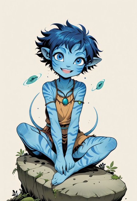 (masterpiece, best quality, detailed:1.25),
full-body by (Alessandro Gottardo:0.75) and (Wendy Froud:0.25),
front logo of a (joyful young female Avatar navi alien with blue skin:1.36) sitting on mossy stone,
sharper, clean lines, outline, muted colors, minimum details