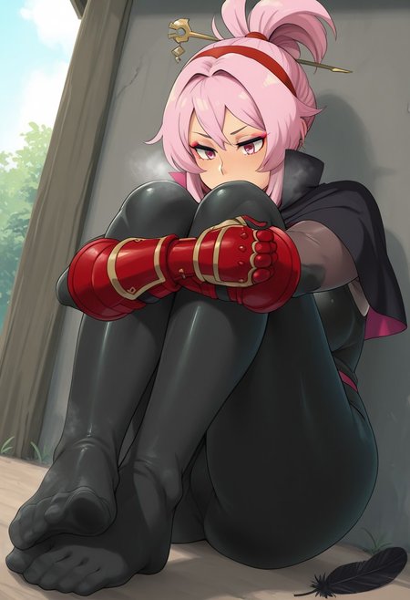 minakami,  outdoors, undershirt, falling feathers, black bodysuit, hair stick, hugging own legs, , gauntlets,   eyeshadow,   red gloves,  high ponytail,  , black capelet, red hairband, pink eyes, 1girl, solo, feet, visible breath,   dynamic angle, foreshortening, smell, steam,
