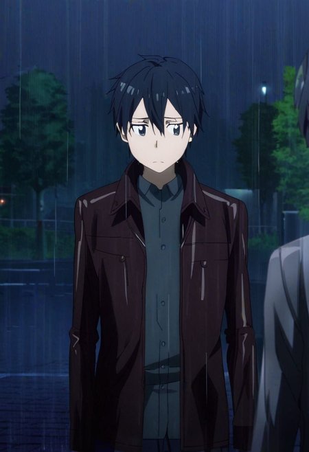high resolution, professional photography, best quality, 1Boy, Kazuto Kirigaya, Black Hair, Black Eyes, heavy rain, downtown, night, looking down, sad, leather jacket, looking away, OverallDetail