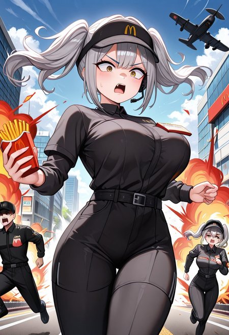 masterpiece, best quality,
belorta, twintails, short hair, gray hair, big breast, yellow eyes, shaded face, scared, 
mac, McDonald's uniform, black uniform, black hat, headset, holding hamburgers, angry mob, running, explosion in background, building on fire, fighter plane in background, cloudy skies, motion blur, dynamic pose, running pose, holding french fries, black pants,