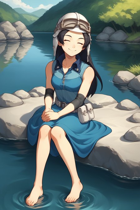 source_anime, score_9, score_8_up, 1girl, solo,  <lora:zs_AsahiXL:1> asahismtiva, long hair, black hair, helmet, goggles on head, elbow pads, belt, dress, sitting, river bed, feet under water, sitting on a rock, smiling, eyes closed