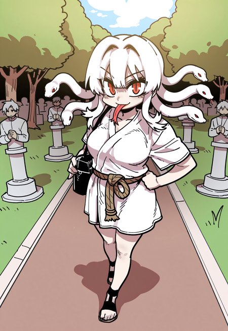 parkgee, masterpiece, best quality, absurdres, highres, highly detailed, dynamic action scene, extreme perspective, chibi_style, 1girl, solo, woman with snake hair, orange-red eyes, slit pupils, pale skin, red lips, cute smile, forked tongue, medium breasts, Greek toga with rope belt and sandals, hand on hip, eye focus, looking at viewer, in a garden of statues
