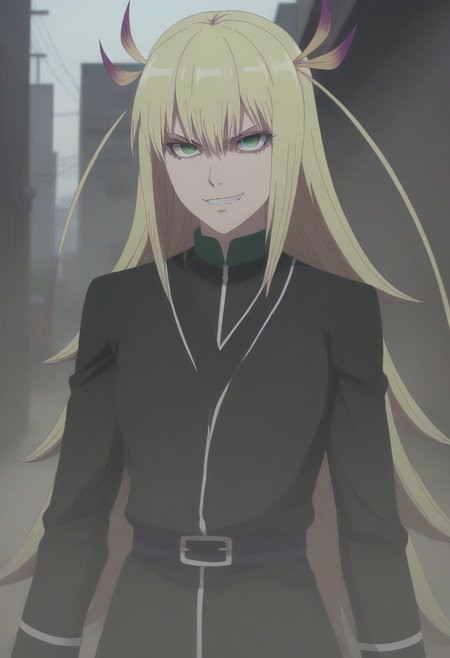 <lora:SlimesKanonIsui:1>, slimes_kanonisui, woman, solo, green eyes, alley background, evil smirk