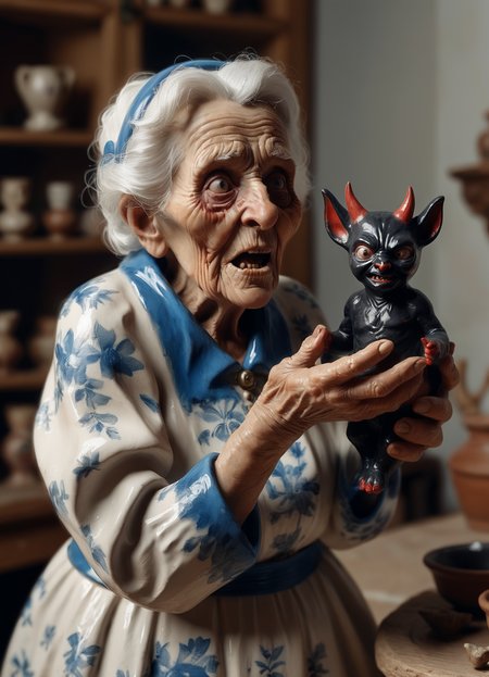 surprised old woman holding a Crafted Ceramic figurine of the devil in her hands, 8k, F2.8, RAW Photo, ultra detailed  <lora:lora:0.5>