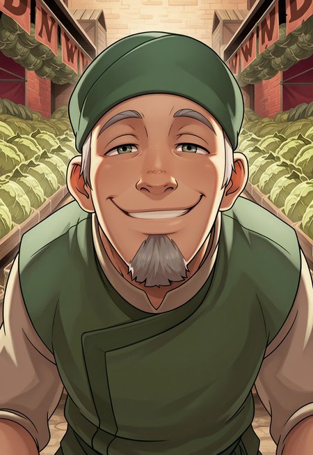solo, masterpiece, detailed, ultra hd, best quality, 1boy, male, official art, w0lfc0nf, modern, new, masculine face, daddy looking face

AvatarCabbage, green headwear, grey hair, beard, green vest, headshot, market, looking at viewer, smiling, cabbages