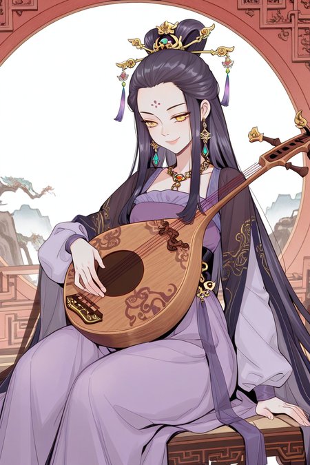 masterpiece, best quality, amazing quality,
 <lora:Girltrap_IL:1> strgrltrp, 1girl, instrument, chinese clothes, jewelry, earrings, yellow eyes, sitting, solo, playing instrument, hair ornament, black hair, hanfu, lute (instrument), dress, facial mark, smile, forehead mark