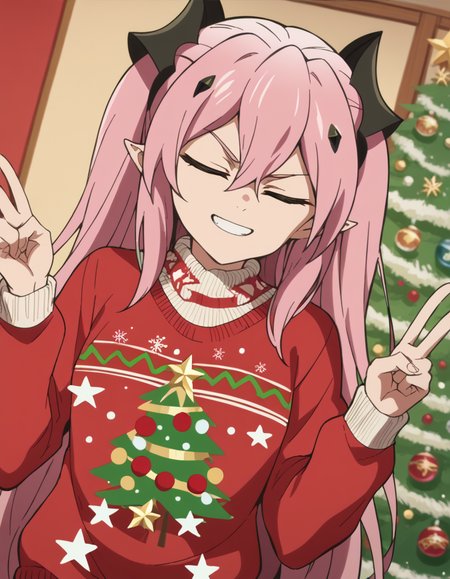 score_9, score_8_up, score_7_up, source_anime, <lora:krul-tepes-s2-ponyxl-lora-nochekaiser:1>, krul tepes, long hair, red eyes, pink hair, pointy ears, hair ornament, anime screencap, <lora:christmas-sweater-ponyxl-lora-nochekaiser:1>, christmas sweater, christmas, ugly sweater, print sweater, red sweater, christmas tree, christmas ornaments, sweater, multicolored sweater, , v, smile, hands up, teeth, closed eyes, cowboy shot,, , dutch angle, cowboy shot