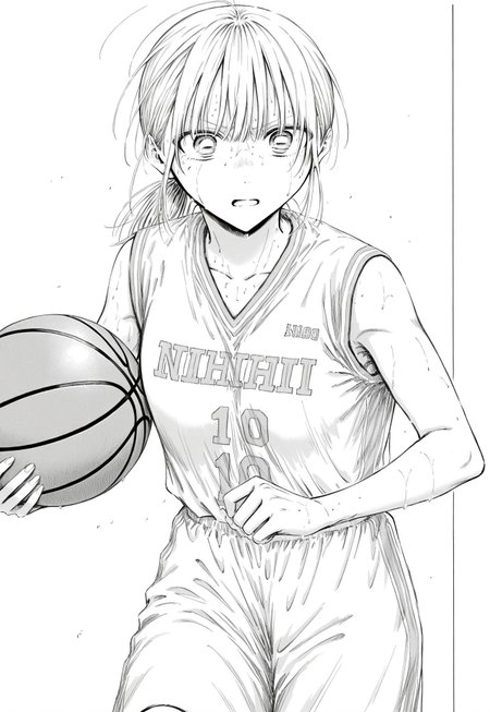 chinatsu kano (old), straight bangs, medium-length hair, medium chest, youthful body, manga, monochrome, ponytail, wearing a basketball jersey with number 10, athletic shorts, mid-game pose holding the ball with one hand, determined expression, sweat on her brow
