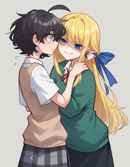 score_9, score_8_up, score_7_up, score_6_up, score_5_up, score_4_up, solo, 2girls,<lora:Popoka_v3:0.8> ppka, blind girl \(popopoka\), black hair, short hair, messy hair, ahoge, freckles, grey eyes, empty eyes, blind, white shirt, beige sweater vest, plaid skirt, grey skirt, odd socks, different socks, nervous, flying sweatdrops, facing away,
score_9, score_8_up, score_7_up, score_6_up, score_5_up, score_4_up, solo, 2girls, blonde girl \(popopoka\), blonde hair, long hair, hair ribbon, blunt bangs, blue ribbon, blue eyes, green sweater, white collared shirt, black skirt, black pantyhose, shaded face, smug, 2girls, (whispering in ear:1.4), arms around neck,