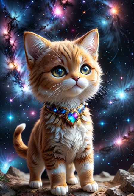 ((videogame_style))), (sharp focus:1.2), lineart, flat color, monochrome, greyscale, depth of field, bokeh, 8k, OLED, 1 baby cat, being playful, wearing ribbon choker in different colours, different fur, super cute,, The cat raises its paws towards the viewer, in the galaxy, space cat flying in the stars,lluminated by the ethereal glow of cosmic lightning, the light is reflecting shadows on the cute animal, for the viewer, it appears alive, as if a glimpse of its inner sparkle is possible, star sky, peacful and grateful atmosphere, painted hearts, magical atmosphere, close up, (((cuteness overload))), <lora:detailed_notrigger:0.9>, zhibi <lora:zhibi:0.8>, <lora:tweak-detail-xl:0.7> <lora:Jed-Cosmos-sdxl:0.7> Jed-Cosmos