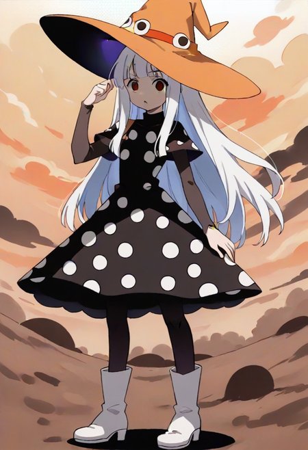 source_anime, anime, (vivid colors, bright colors:1.1),, adult, white hair,long hair,bangs,orange hat, thin hat, witch hat, black dress,black pantyhose,white boots,polka dots,polka dot dress, <lora:Eureka_Frog_v10:1>,