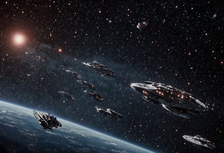 Masterpiece. High quality. Perfect quality. Full body picture  of:
Human space fleet traveling through deep space. Civilian and military ships.
Nebulas and stars behind. 
Battlestar galactica style.
realisticvision-negative-embedding, Movie Still, Film Still, Cinematic, Cinematic Shot, Cinematic Lighting, JuggernautNegative, detailxl.