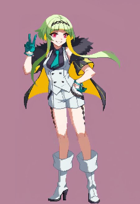 score_9, score_8_up, score_7_up, source_anime, BREAK, solo, 1girl, <lora:Dengeki_Bunko-pdxl_Fp:1>, simple background, full body, standing, looking at viewer, smile, <lora:Ringo-pdxl_Fp:1>, ringosh2, short hair with long locks, green hair, multicolored hair, red eyes, hairband, white vest, white shorts, gloves, necktie, smile, shirt, body markings, sleeveless, collared shirt, jacket, cropped jacket, fur trim, hand on own hip, high heel boots, white footwear, v