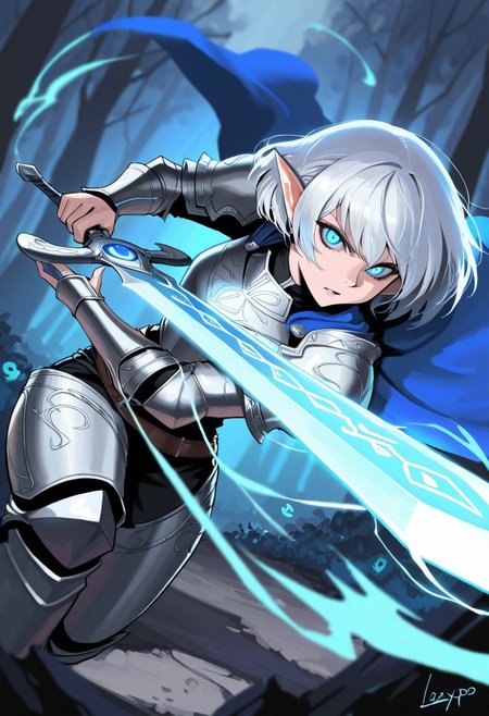 score_9, score_8_up, score_7_up, breathtaking, masterpiece, best quality, newest, absurdres, highres, embedding:lazypos, 1girl, solo, elf, long silver hair, glowing blue eyes, intricate silver armor, enchanted sword, battle-ready stance, flowing blue cape, delicate elven features, ornate pauldrons, magical runes, moonlit forest, mystical aura, soft ethereal glow, fantasy setting, detailed background, depth of field, dynamic pose, dramatic composition, foreshortening, detailed background, dynamic pose, dynamic composition,dutch angle, detailed backgroud,foreshortening,blurry edges, by saniiwan, by abbey and bear
