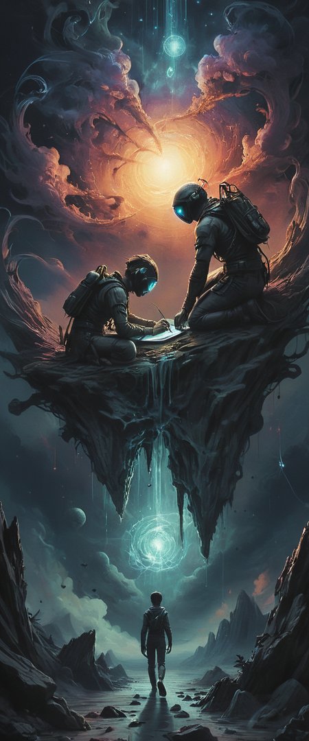 two Nebula surfers writing, Ethereal webs of thought-sensitive threads, <lora:SDXL_DFxnk_design:0.8> DFxnk design,  <lora:XSfenlie:0.3> fenliexl, <lora:add-detail-xl:2>