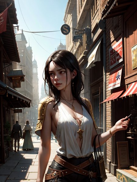 (extremely detailed CG unity 8k wallpaper), looking at viewer, face shot of a beautiful woman, endearing look, attractive, most beautiful artwork in the world, medieval street, people walking, sunny day, sun, radiant light, light, shopping, everyday life, shops, trading, professional majestic oil painting by Ed Blinkey, Atey Ghailan, Studio Ghibli, by Jeremy Mann, Greg Manchess, Antonio Moro, trending on ArtStation, trending on CGSociety, Intricate, High Detail, Sharp focus, dramatic, photorealistic painting art by midjourney and greg rutkowski