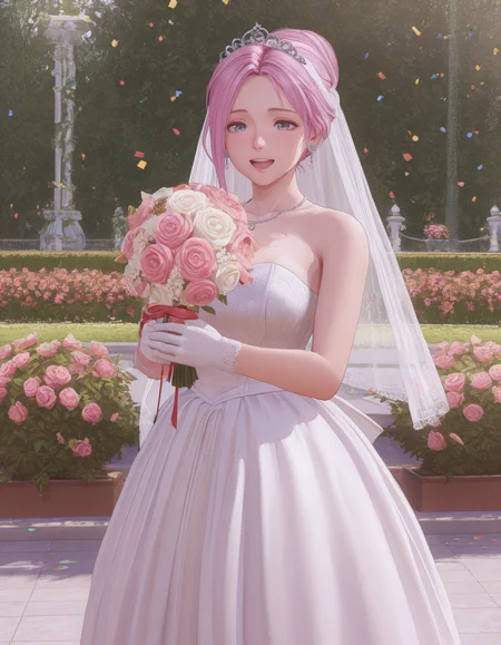 tiara, veil, wedding dress, white gloves, white dress, garden, standing, cowboy shot, holding bouquet, smile, open mouth, confetti,  <lora:Elise_vvp_lcd_v0.4:1> elivevvplcd, blue eyes, asymmetrical hair, hair bun, earrings, 
masterpiece, best quality, amazing quality,