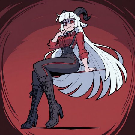 masterpiece, best quality, newest, absurdres, highres, vanripper, 1girl, BAPH-V1.0, animal ears, black horns, goat horns, curled horns, demon girl, demon horns, goat tail, goat ears, white hair, very long hair, white tail, blunt bangs, high heel boots, high heels, high-waist pants, suspenders, printstripe pants, lace-up boots, red shirt,

