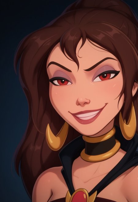 ((beautiful, high quality)), score_9, score_8_up, score_7_up, score_9, score_8_up, score_8, masterpiece, best quality, unrealistically high details, extremely high quality, ultra high detail, good anatomy, 1female, 1girl, lidded_eyes, teasing, ((smug)), ((femdom, mocking, proud)),  slutty look, navel, looking at viewer, , teasing, volumetric_lighting, posing,  (QueenLaOutfit_JanePorter_ownwaifu, red eyes, brown hair, tooth earrings, long hair, earrings, lipstick, makeup,  long hair,  red lips, eyeshadow, armband, bracelet, brooch, brown cape, gold, jewelry, neck ring, , tribal, cape, armlet, bare shoulders, choker, cleavage, spikes, bangle, black cape, necklace, strapless) , (plump lips), simple background, (ray tracing, good shadows, score_9, score_8_up, score_7_up),  ((red eyes, glowing eyes)),  , glowing red aura, volumetric lighting glowing hair,  evil smile, pale_skin, ((portrait, close-up, sassy smile, from_the_shoulders_up))