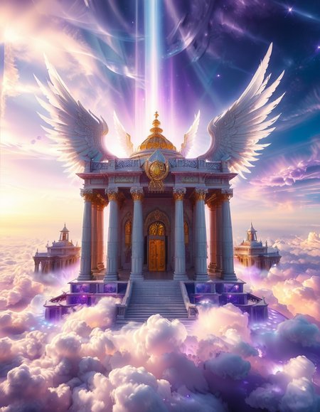 <lora:sky_t3mpl3:1>,cowboy shot,(looking at viewer:1.6),
A fierce warrior angel standing on clouds in front of a majestic celestial sky temple,sky t3mpl3.(arms behind back:1.3), She wears futuristic, sleek black armor with purple accents, blending fantasy and sci-fi elements. Her armor is adorned with glowing, purple gemstones at her chest and shoulders, radiating a soft light that matches the ethereal surroundings. Large, metallic angel wings with a high-tech design extend from her back, with white feathers and metallic frames, combining elegance with strength. She looks directly at the photographer with an intense, focused gaze, creating a powerful connection with the viewer. Behind her, the grand temple is made of gleaming, white stone and crystal pillars, floating among the clouds, illuminated by soft rays of heavenly light. The sky is filled with a soft pink and purple glow, casting a serene yet powerful atmosphere around this divine guardian.<lora:SDXLFaeTastic2400:0.4> <lora:extremely_detailed:0.4> extremely detailed,, Masterpiece,best quality,hi res,8k,hi res,8k,award winning,(sharp focus, intricate, highly detailed),