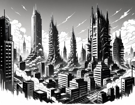 score_9, score_8_up, score_7_up,  <lora:Clean Sketch (J) style:1> monochrome, city with towers and buildings,