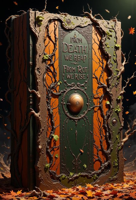 This massive tome is bound in gnarled, bark-like leather, with veins of dark green and fiery orange running across its cracked surface. Dried tendrils of ivy wrap around its edges, merging with its spine, almost as if the book is growing with the autumn earth. The pages are thick, stained with the scent of damp soil and burnt herbs. The air around it is heavy with the scent of decaying leaves, and as you reach out to touch it, a gust of wind scatters fiery orange leaves in all directions.
Etched on the cover is the following text: “From Death, We Reap, From Rot, We Rise.”
, live action, in the style of an old 80's VHS dark fantasy, VHS screen grab, grainy, old footage, in the style of an old 80's VHS dark fantasy, VHS screen grab, grainy, old footage