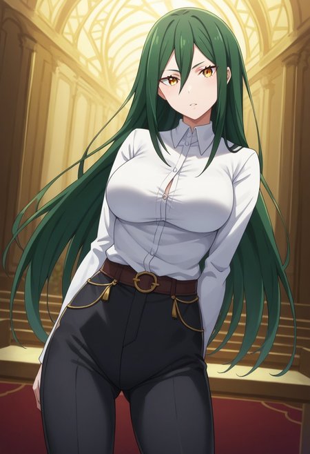 score_9, score_8_up, score_7_up, source_anime, 1girl, prefect lighting, very aesthetic, intricate details, highly detailed background, masterpiece, high quality, prefect hands, best quality, solo,
<lora:Crusch_Karsten_ReZero_V1:.85>, KJOcrusch, green hair, amber eyes, hair between eyes, long hair, dress shirt, white shirt, shirt under pants, black pants, slim fit dress pants, wide thighs, wide hip, wide legs, standing, looking at viewer, parted lips, head tilt, bedroom, large breasts, from sfront, voluptuous