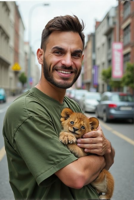 HD high professional quality photo of Loïc Barcourt upper body, he is holding a baby Lion in his arms and hands. His face have a happy expression. The background is city street, a visible caos, a sinkhole opened up suddenly, swallowing cars and buildings without warning., he is wearing a green shirt, <lora:Rythmind_Loïc Barcourt_Flux_v1_0005:1>, RAW candid cinema, 16mm, color graded portrait 400 film, remarkable color, ultra realistic, textured skin, remarkable detailed pupils, realistic dull skin noise, visible skin detail, skin fuzz, shot with cinematic camera