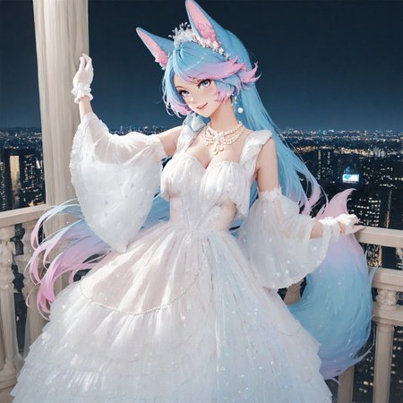 masterpiece, best quality, good quality, very aesthetic, absurdres, detailed eyes,
BREAK
1girl, silvervale, fox ears, tail, gradient hair, multicolored hair, blue hair, pink hair, blue eyes, medium breasts,
BREAK
Seductive Smile,
BREAK
hzjl, white dress,jewelry,wedding dress,necklace,detached sleeves,earrings,pearl necklace,hair ornament,wide sleeves,wrist cuffs,long sleeves,white gloves
BREAK
balcony overlooking the city, modern city, city view, night,