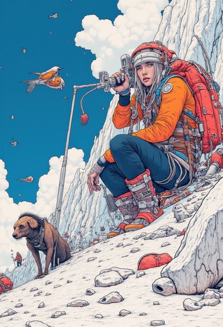 A vibrant and emotional close-up illustration of the Shadows Country, where everything is black and white. The environment is surreal—remote northern regions, buried under the snow and inhabited by fierce tribes of nomadic warriors.. Shadowy animals characters peek out from the background. The drawing technique is warm and hand-drawn, using delicate ink outlines and soft watercolor washes to evoke the charm of a children's book illustration, while the framing emphasizes vibrant natural light emphasized by small touches of neon colors