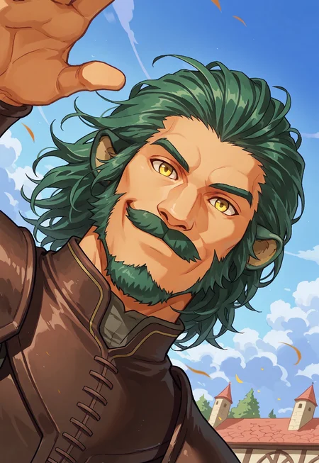 Giffca, 1boy, lion ears, medium hair, yellow eyes, green hair, facial hair, mustache, medieval town, blue sky,  clouds, portrait, looking at viewer, smile, armor, bracers, dynamic pose, dutch angle, happy, portrait, front view, gust of wind, dutch angle,