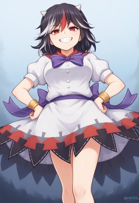 score_9, score_7_up, source_anime, source_cartoon, perfect face, EyesHD, 145, BREAK, (illustration), intricately detailed illustration, Exquisite color design, (best quality, ultra detailed), smooth skin, high details, (1girls), mature female, beauty, thick thighs, big breasts,  kijin_seija, short hair, multicolored hair, (black hair), streaked hair, red hair, white hair, hair flaps, hair between eyes, red eyes, horns, small horns, grey horns, cone horns, white horns, white collared shirt, white buttons, sailor collar, bracelet, purple bowtie, puffy short sleeves, white dress, white skirt, layered skirt, underskirt, purple belt, purple bow, arrow print, arrow \(symbol\), facing viewer, narrowed eyes, looking at viewer, grin, sharp teeth, front view, low angle, day, hands on hips,