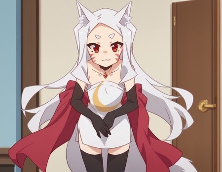 score_9, score_8_up, score_7_up, source_anime,
kitsuneshiro, <lora:kitsune-shiro-s1-ponyxl-lora-nochekaiser:1>,
shiro, long hair, red eyes, animal ears, tail, animal ear fluff, fox ears, fox tail, facial mark, thick eyebrows, fox girl,
thighhighs, gloves, dress, bare shoulders, jewelry, collarbone, black gloves, elbow gloves, black thighhighs, white dress, strapless, strapless dress, shawl,
indoors, bent over, smile,
cowboy shot, looking at viewer, solo,