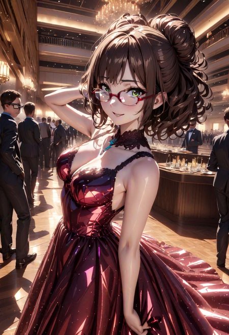 masterpiece, best quality, Ray tracing, hdr, volumetric lighting, highres, detailed background, people in background, evening, 1girl, solo, scenery, indoors, modern ballroom, pixiv, (very dark brown messy hair:1.4), green eyes, messy hair, hair bun, hair bangs, (glasses:1.6), zettai ryouiki, medium breasts, ruby red crystalline dress, dancing, naughty face