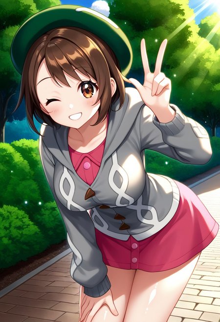 score_9, score_8, score_7_up, source_anime, (nsfw:1.0), BREAK, 
cute 1girl, shiny_skin, (large breasts), skinny body, brown_hair, brown_eyes, tareme, green_headwear, hooded_cardigan, pink_dress, 
angle:random, 
smile, wink, (leaning forward:1.3), hand on thigh, v sign, 
outdoors, light particles, light rays, park, blue sky,