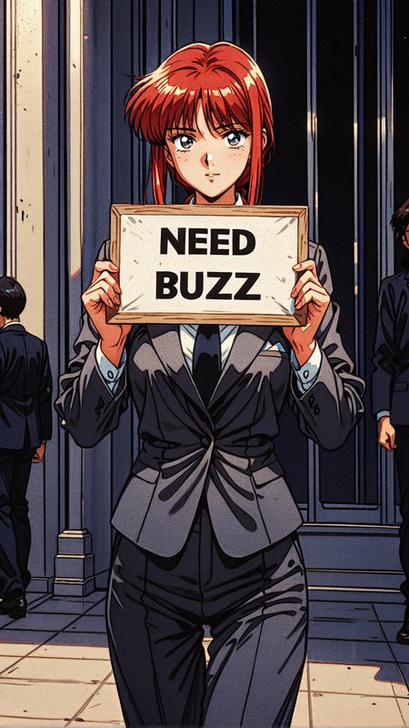Makima in a suit, (holding a sign that says "Need BUZZ":1.5) , retro, retro_artstyle  <lora:retro_scifi_artstyle:1>