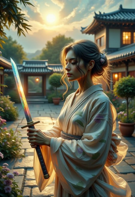 a tranquil garden courtyard at dawn, bathed in the ethereal glow of a harvest moon hanging low in the eastern sky. Shadows lengthen dramatically, giving the illusion of a greater distance than actually present. Silence reigns supreme, broken only occasionally by the melodic chirping of nocturnal birdsong.
Within this stillness, a lone figure materializes, drifting ghostlike through the mist-kissed air. Dressed in a flowing white kimono patterned with iridescent floral motifs that shift subtly in the lunar light, she appears to embody the very essence of purity and grace.
In her hands, gripped with the reverence due to a sacred artifact, is a wakizashi - a traditional Japanese short sword. Unlike conventional examples however, this blade emits a soft, multicolored luminescence, as if imbued with the very stuff of dreams and legends.
Long raven locks cascade freely down her back, framing a face of exquisite delicacy. Eyes closed, she seems to draw strength and serenity from the weapon she bears, channeling its power through her own innate spiritual fortitude. Even in repose, there is an aura of quiet menace radiating from her form, hinting at the formidable capabilities lying dormant within.
concept-art, fantasy, beautiful, painterly, detailed, textural, artistic, 
beautiful, painterly, detailed, textural, artistic, aesthetic, intricate details, highly detailed, vivid, vibrant, volumetric lighting, 
aidmaMJ6.1, mad-olpntng