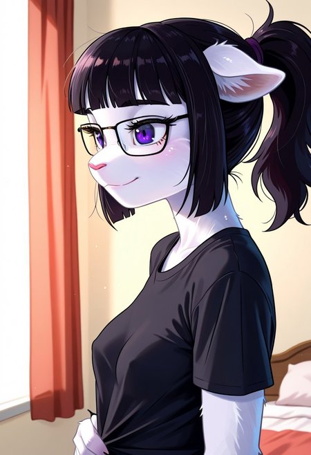 masterpiece, best quality, very aesthetic, absurdres,
bedroom, upper body,
t-shirt, getting undressed, petite breasts, cute, 
happy, long eyelashes,
<lora:Tala_v01_NAIXL:1>
T4l4,1girl,solo,furry,furry female,black hair,animal ears,ponytail,blunt bangs,purple eyes,glasses,snout,animal nose,body fur,white fur, side view,
