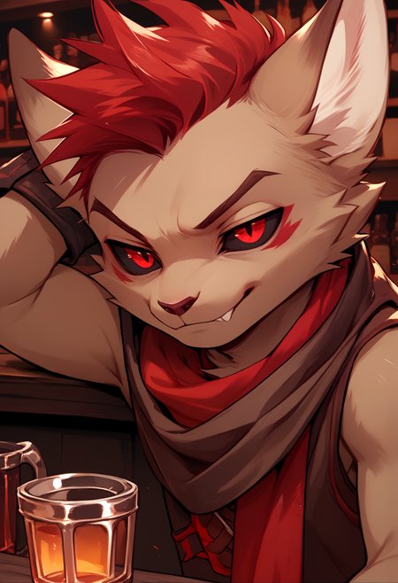 score_9, score_8_up, score_7_up, <lora:Kren-000001>, red eyes, red hair, kren, brown fur, scarf, black sclera, 1boy, close up,  bar,