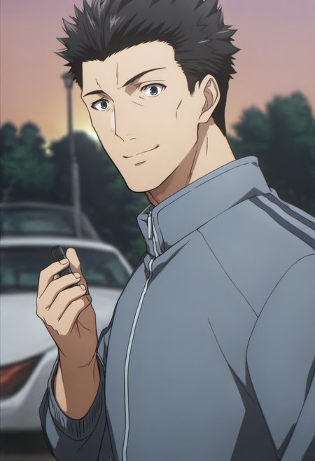 1boy, ooiwa_Iseleve, black eyes, black hair, spiked hair, light blue sport jacket, roll up sleeves, sport pants, score_8_up, score_7_up, score_6_up, score_9, manly, muscle, middle-age man, a muscular man at car park, centered, looking at viewer, (detailed eyes), 8k uhd, high quality, anime color, cinematic angle, night, front view, (((sport car))), smile, holding a black very tiny remote, twilight, ((golden_hour_lighting)), ((sky)), streetlight
